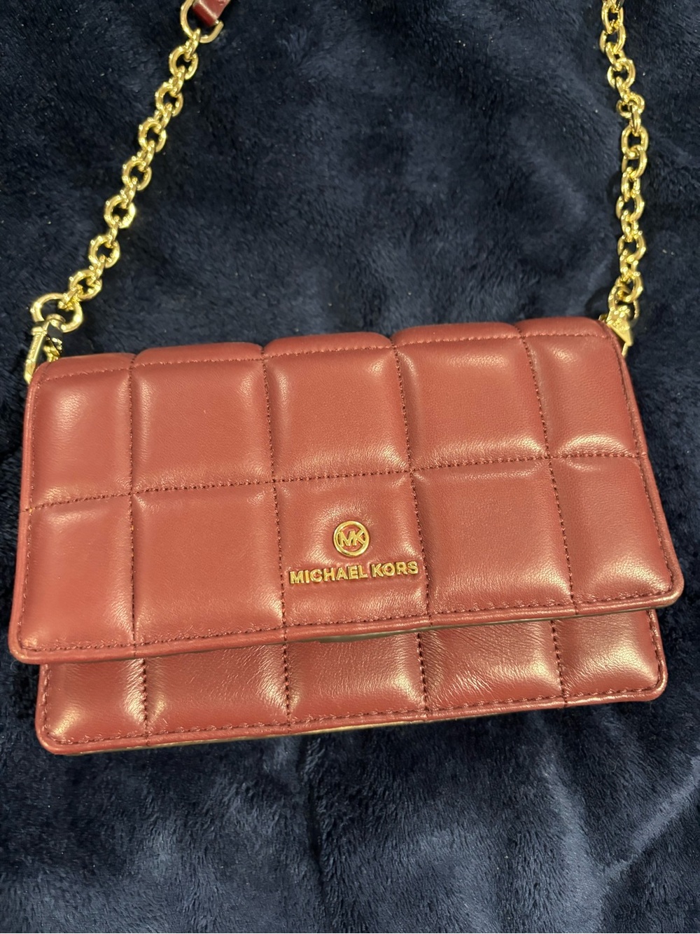 Michael Kors Quilted Crossbody Bag in Burgundy with Gold Chain